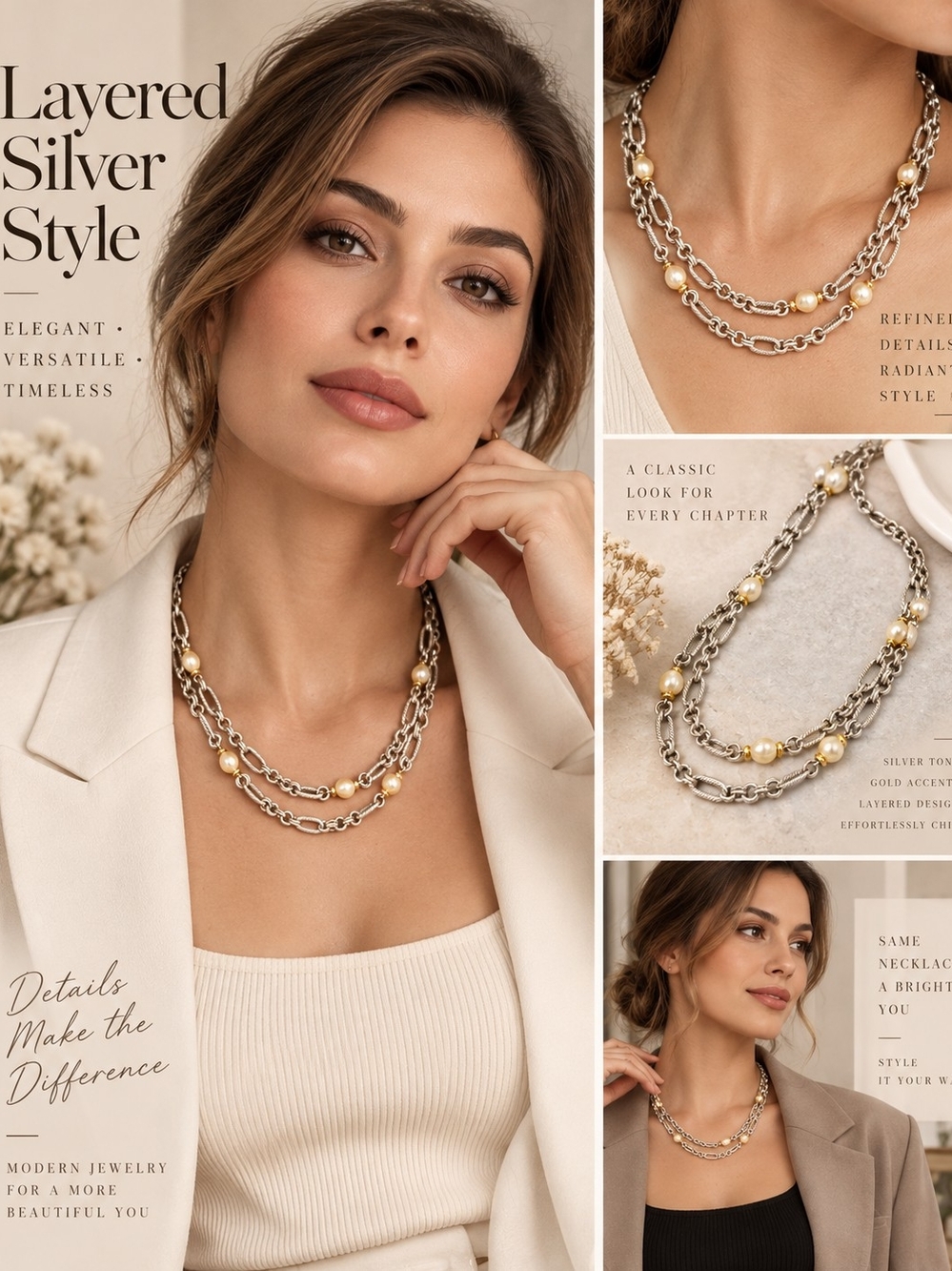Layered Silver and Gold Pearl Necklace - Elegant Women's Jewelry
